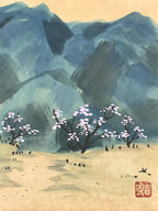 Japanese Shikishi Art Board Painting Mountain Valley Cherry Blossom Nature A586