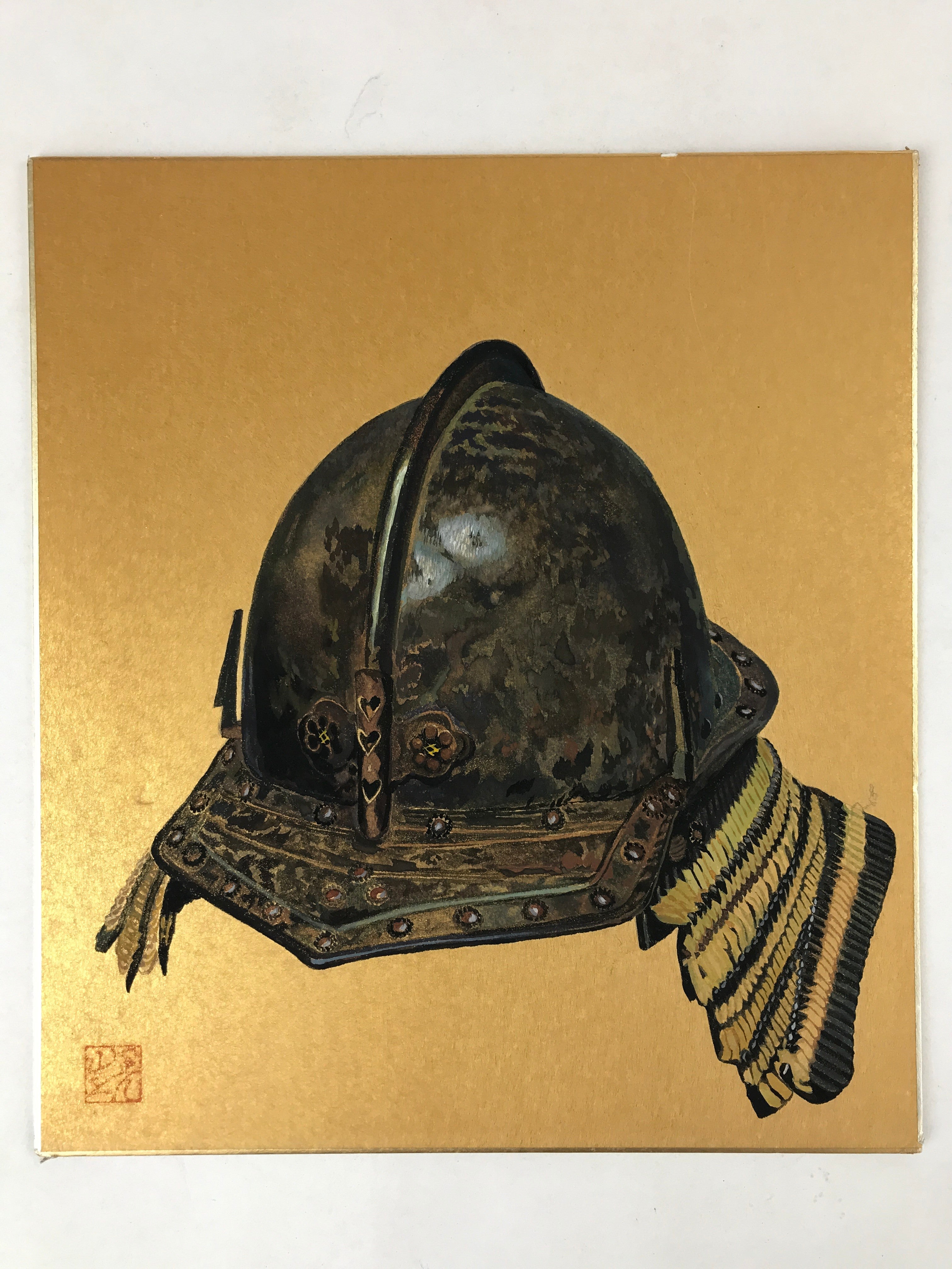 Japanese Shikishi Art Board Painting Nanban Kabuto Momoyama Brown Gold A594