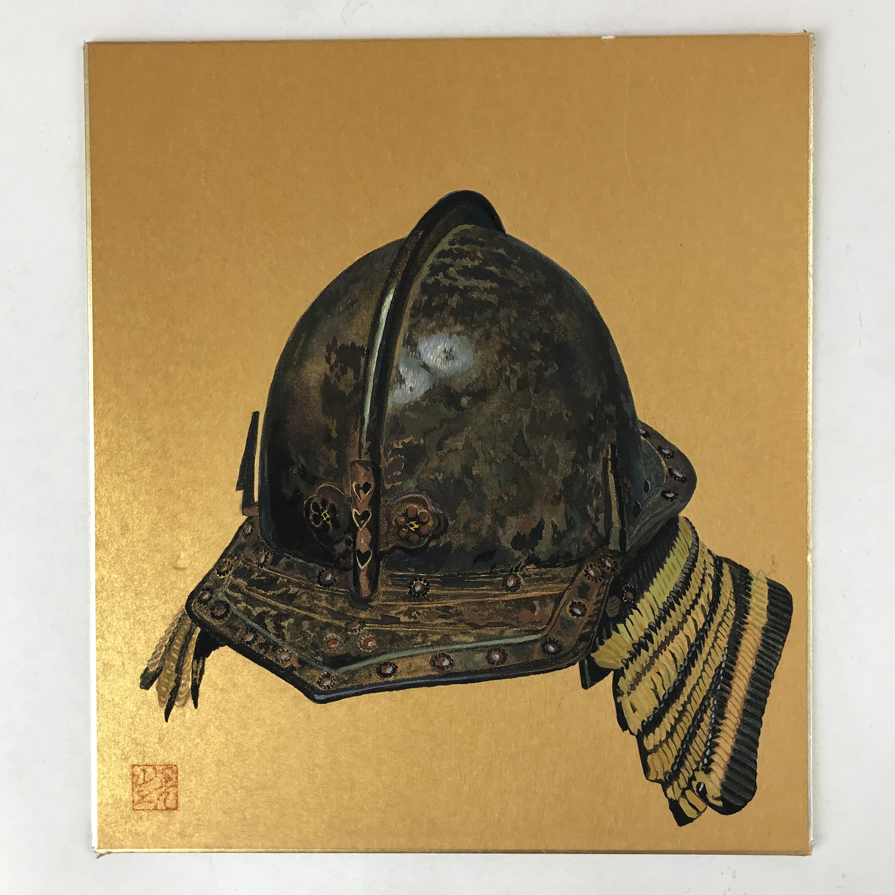 Japanese Shikishi Art Board Painting Nanban Kabuto Momoyama Brown Gold A594