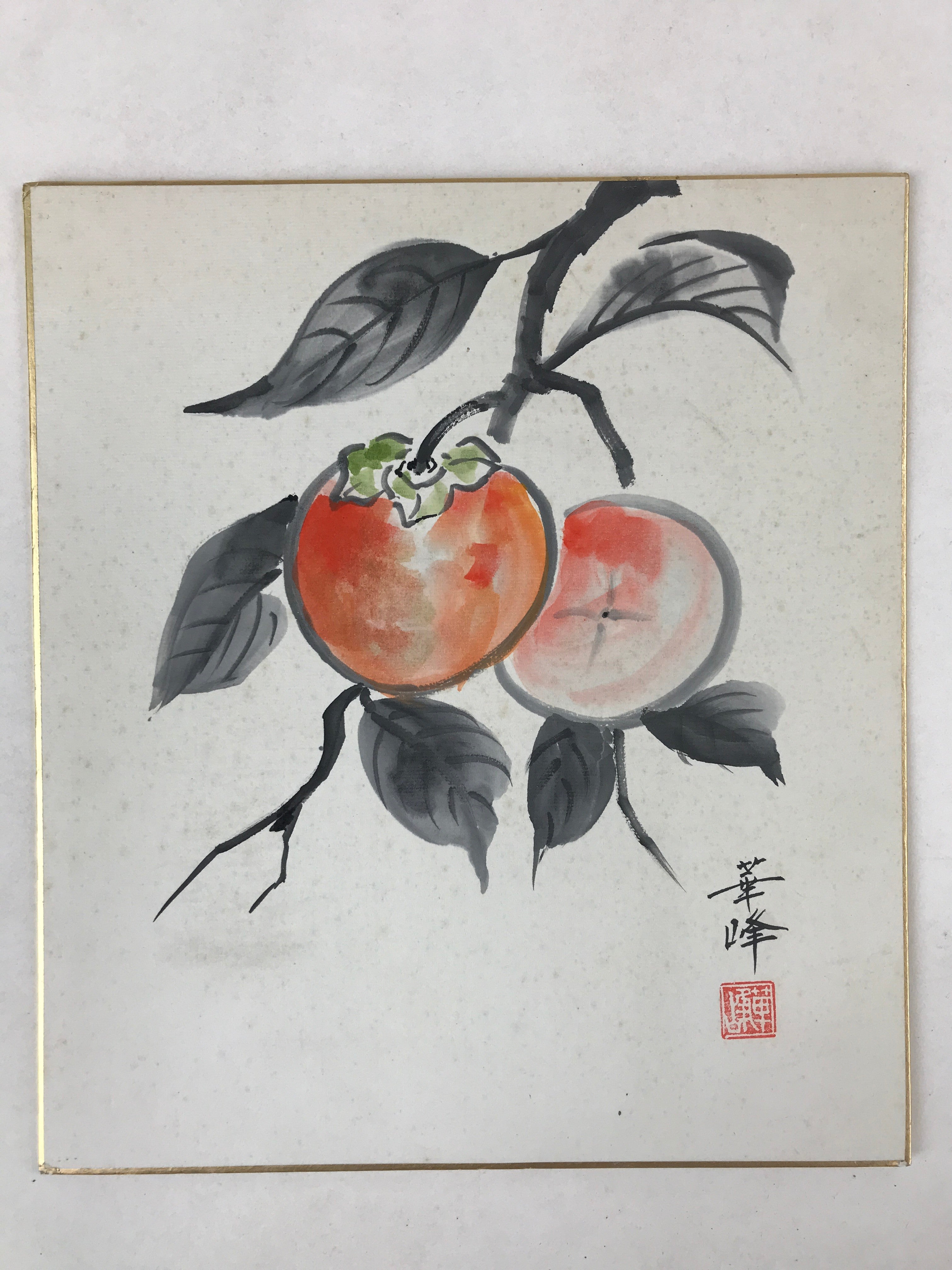 Japanese Shikishi Art Board Painting Orange Black Persimmons Fruit Tree A590