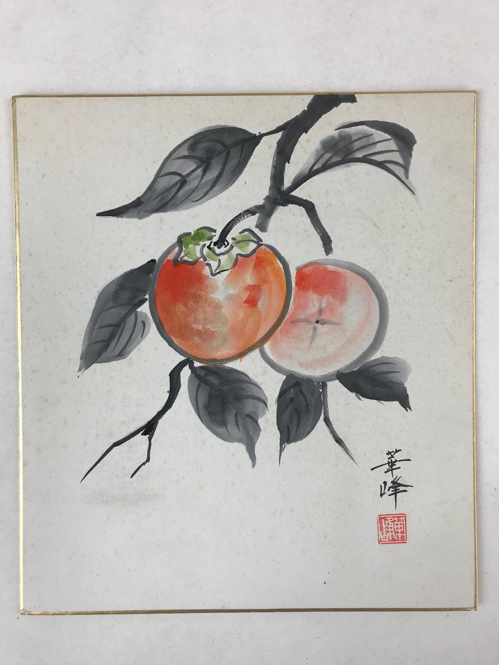 Japanese Shikishi Art Board Painting Orange Black Persimmons Fruit Tree A590