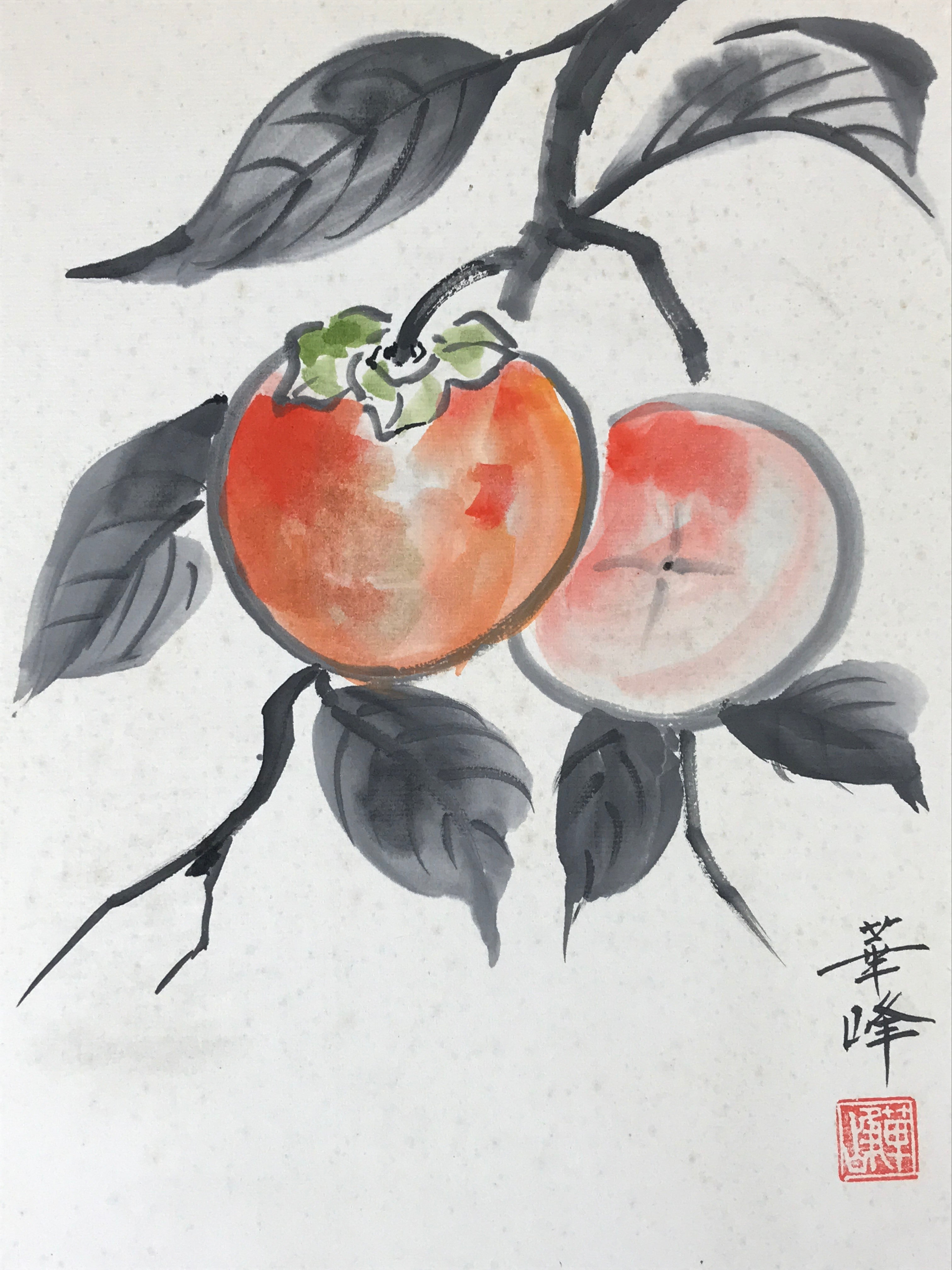 Japanese Shikishi Art Board Painting Orange Black Persimmons Fruit Tree A590