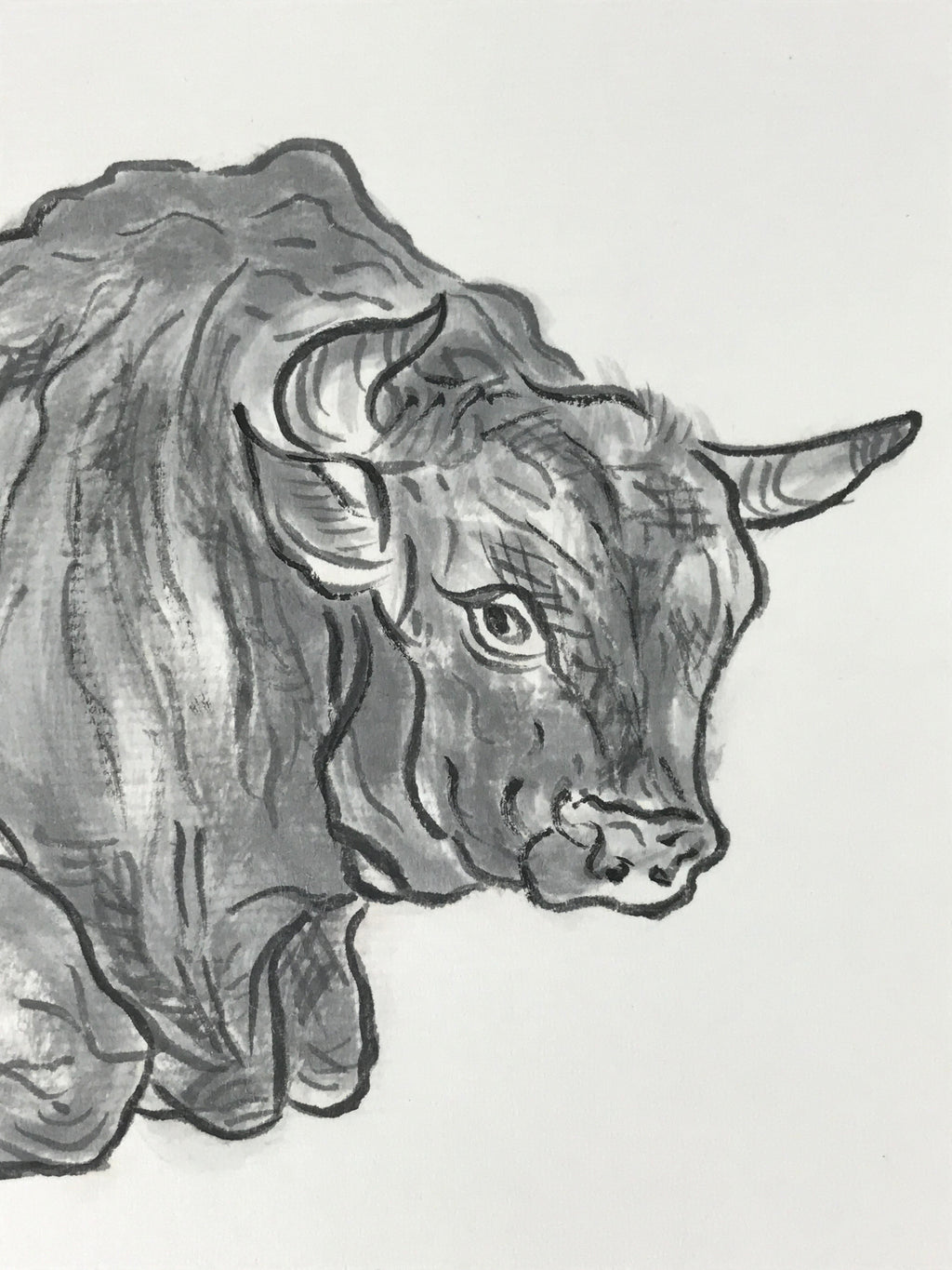 Japanese Shikishi Art Board Painting Ox Ushi Gray Monochrome Zodiac Animal A554