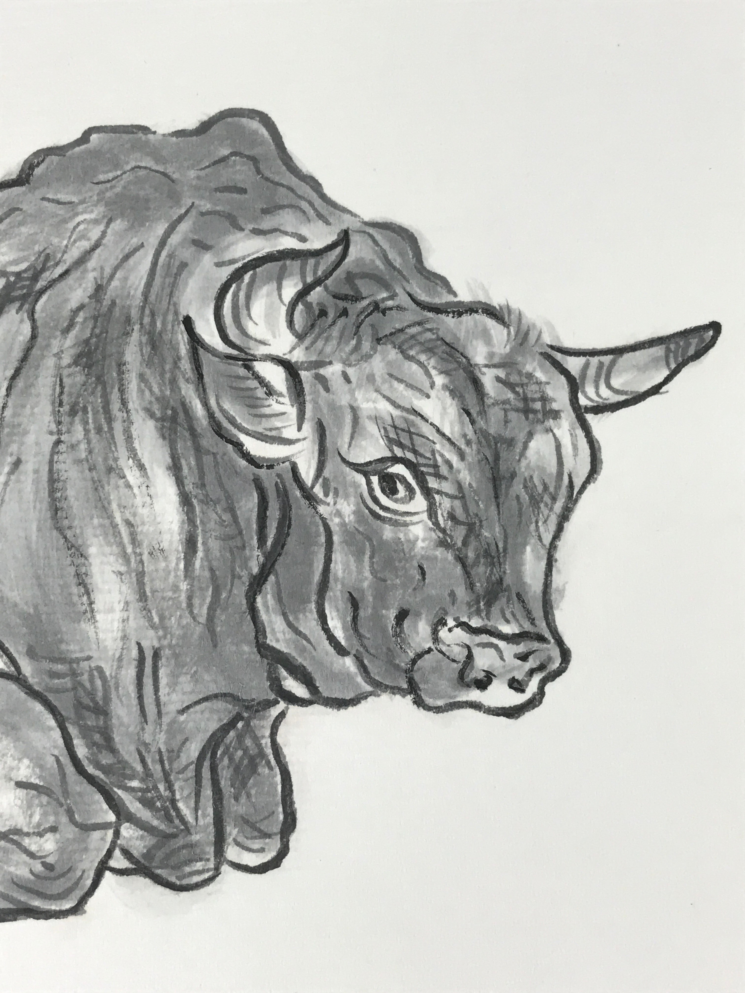 Japanese Shikishi Art Board Painting Ox Ushi Gray Monochrome Zodiac Animal A554