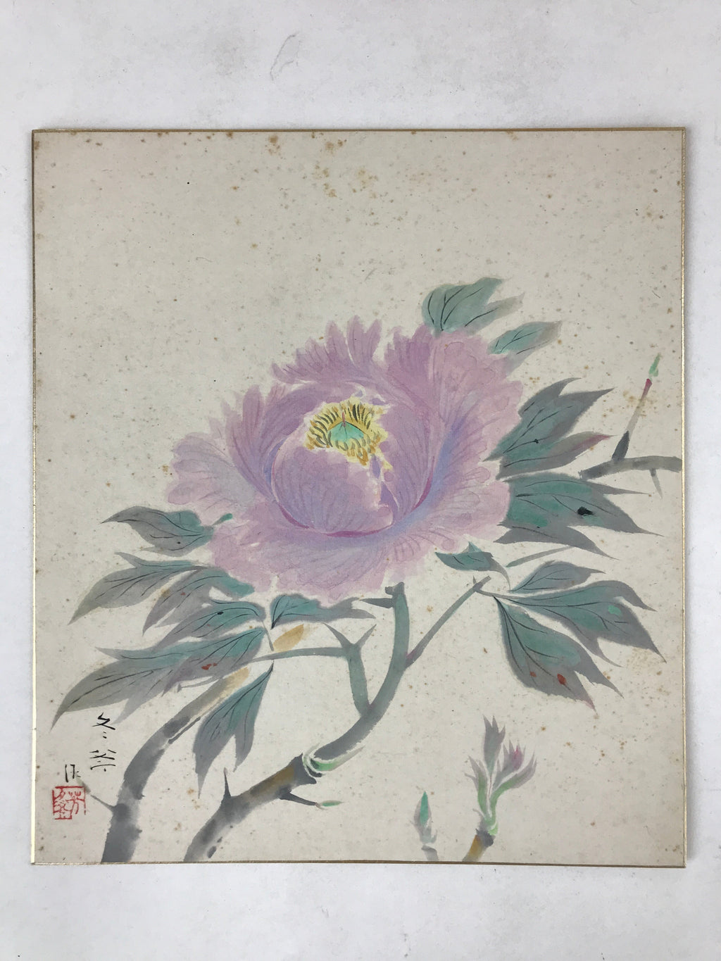 Japanese Shikishi Art Board Painting Purple Peony Pastel Green Flowers A598