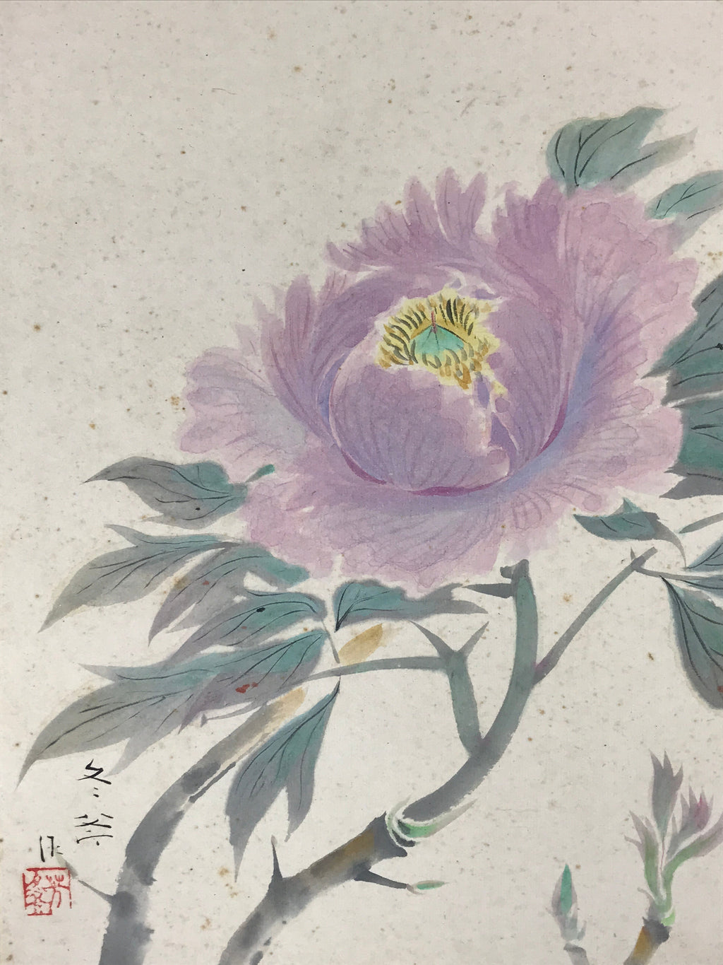 Japanese Shikishi Art Board Painting Purple Peony Pastel Green Flowers A598