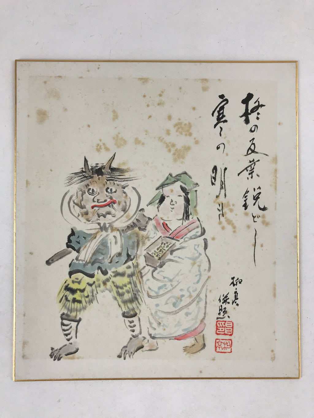 Japanese Shikishi Art Board Painting Setsubun Oni Demon Mamemaki Beans Poem A549