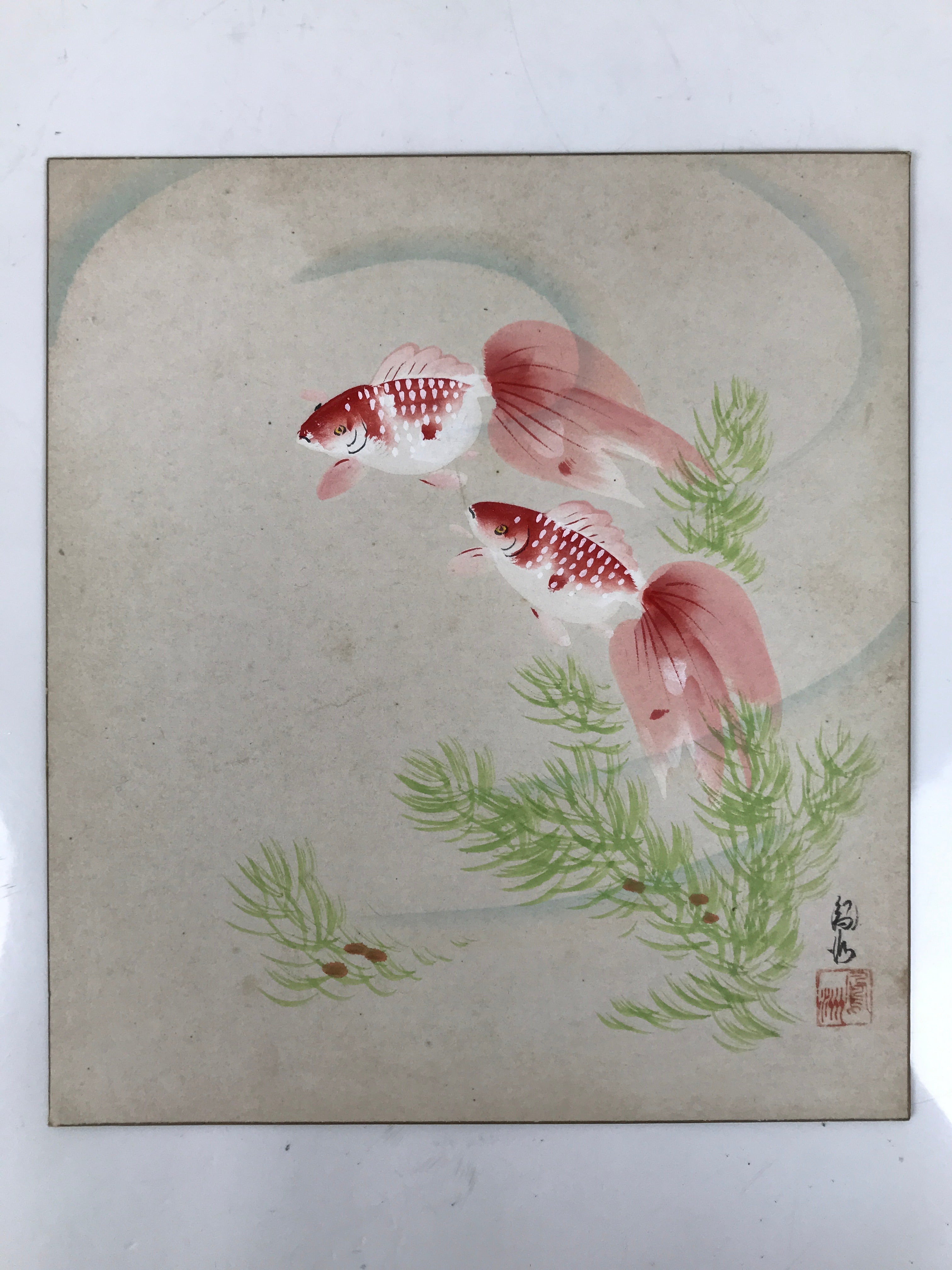 Japanese Shikishi Art Board Painting Vtg 2 Goldfish Algae Fish Red Green A703