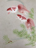 Japanese Shikishi Art Board Painting Vtg 2 Goldfish Algae Fish Red Green A703