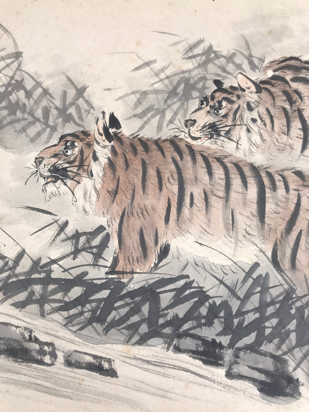 Japanese Shikishi Art Board Painting Vtg 2 Tigers Orange Black A704