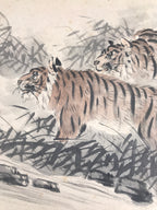 Japanese Shikishi Art Board Painting Vtg 2 Tigers Orange Black A704
