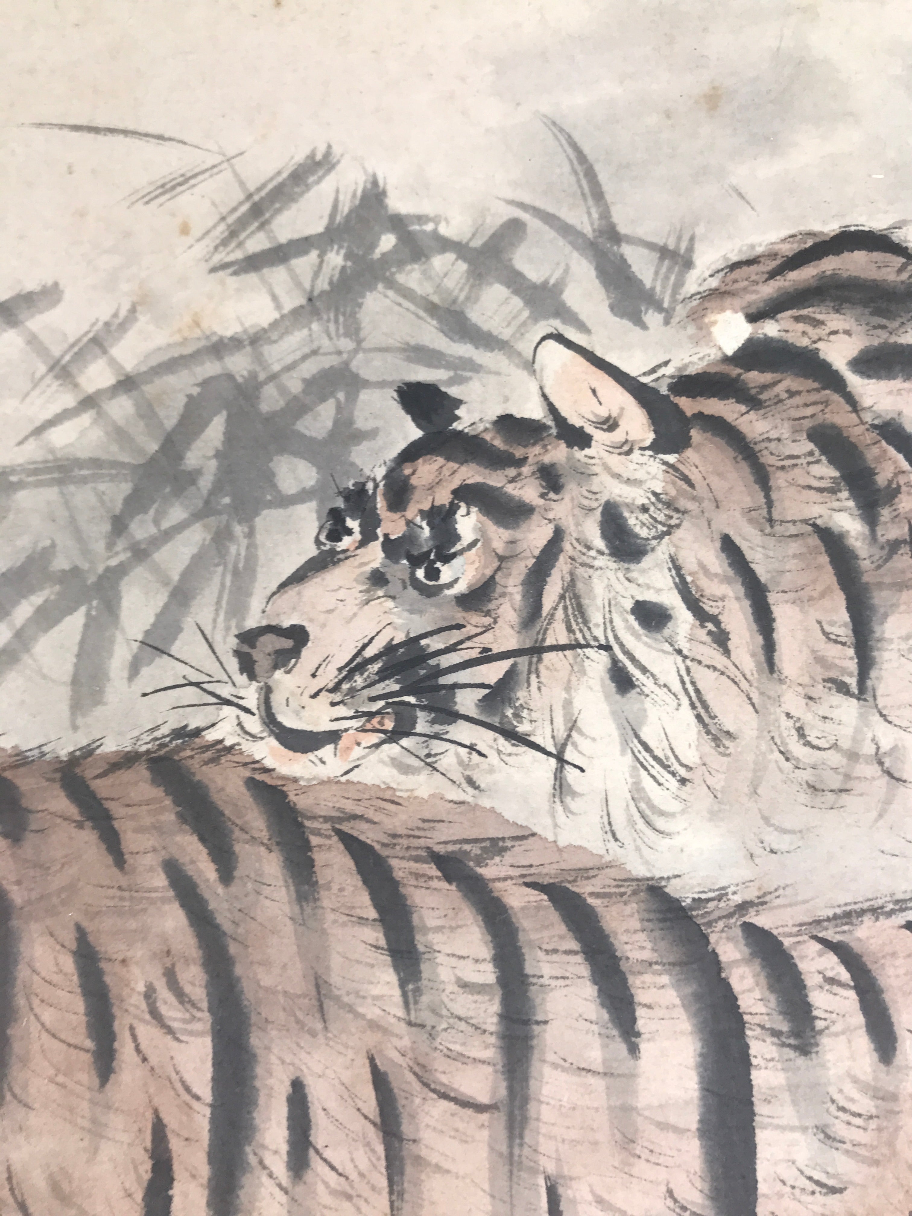 Japanese Shikishi Art Board Painting Vtg 2 Tigers Orange Black A704
