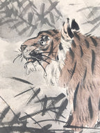 Japanese Shikishi Art Board Painting Vtg 2 Tigers Orange Black A704