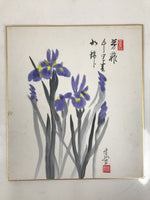 Japanese Shikishi Art Board Painting Vtg Ayame Iris Flower Blue Yellow A707