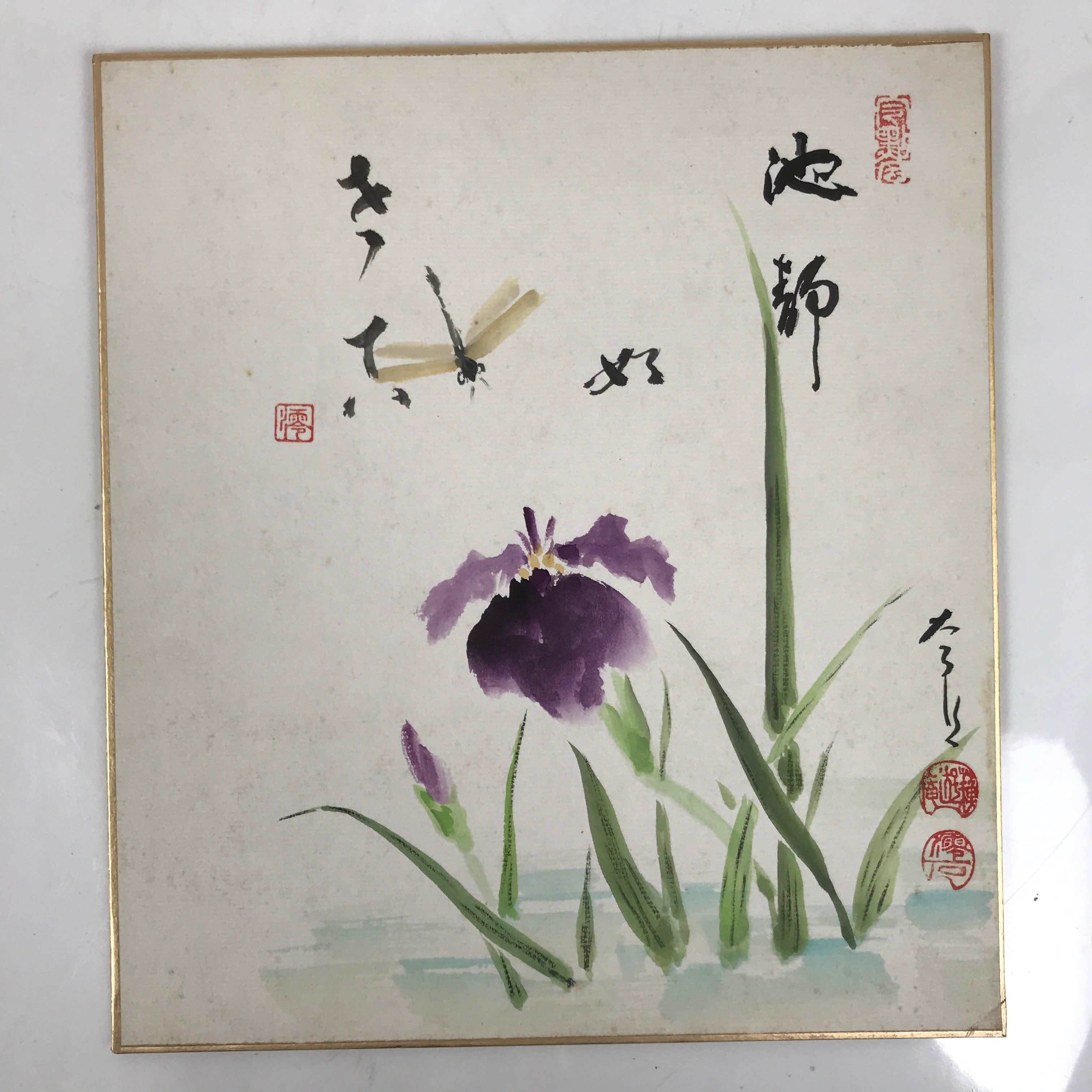 Japanese Shikishi Art Board Painting Vtg Ayame Iris Flower Dragonfly Purple A708