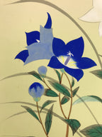 Japanese Shikishi Art Board Painting Vtg Bell Flower Kikyo Blue White Green A819