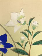 Japanese Shikishi Art Board Painting Vtg Bell Flower Kikyo Blue White Green A819