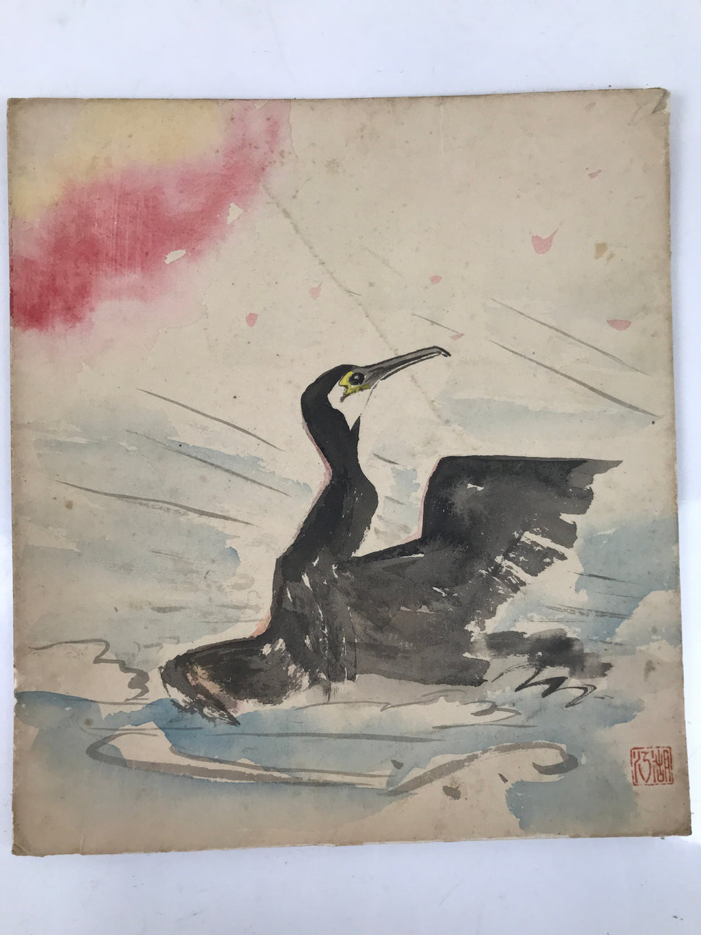Japanese Shikishi Art Board Painting Vtg Black Bird Cormorant River Stream A686