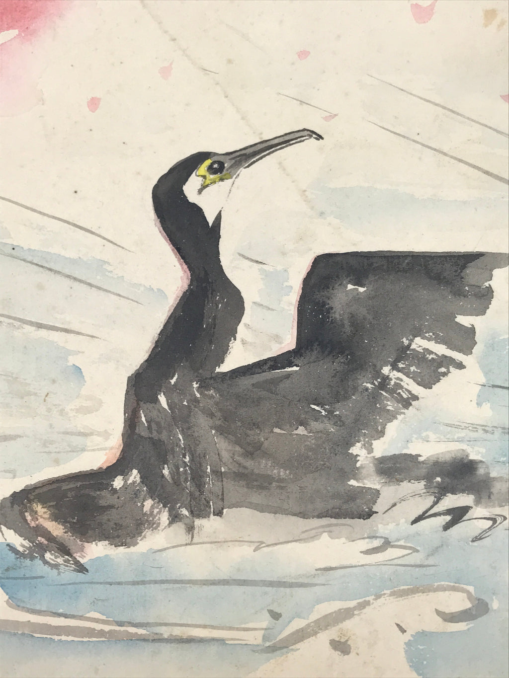 Japanese Shikishi Art Board Painting Vtg Black Bird Cormorant River Stream A686