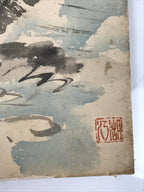 Japanese Shikishi Art Board Painting Vtg Black Bird Cormorant River Stream A686