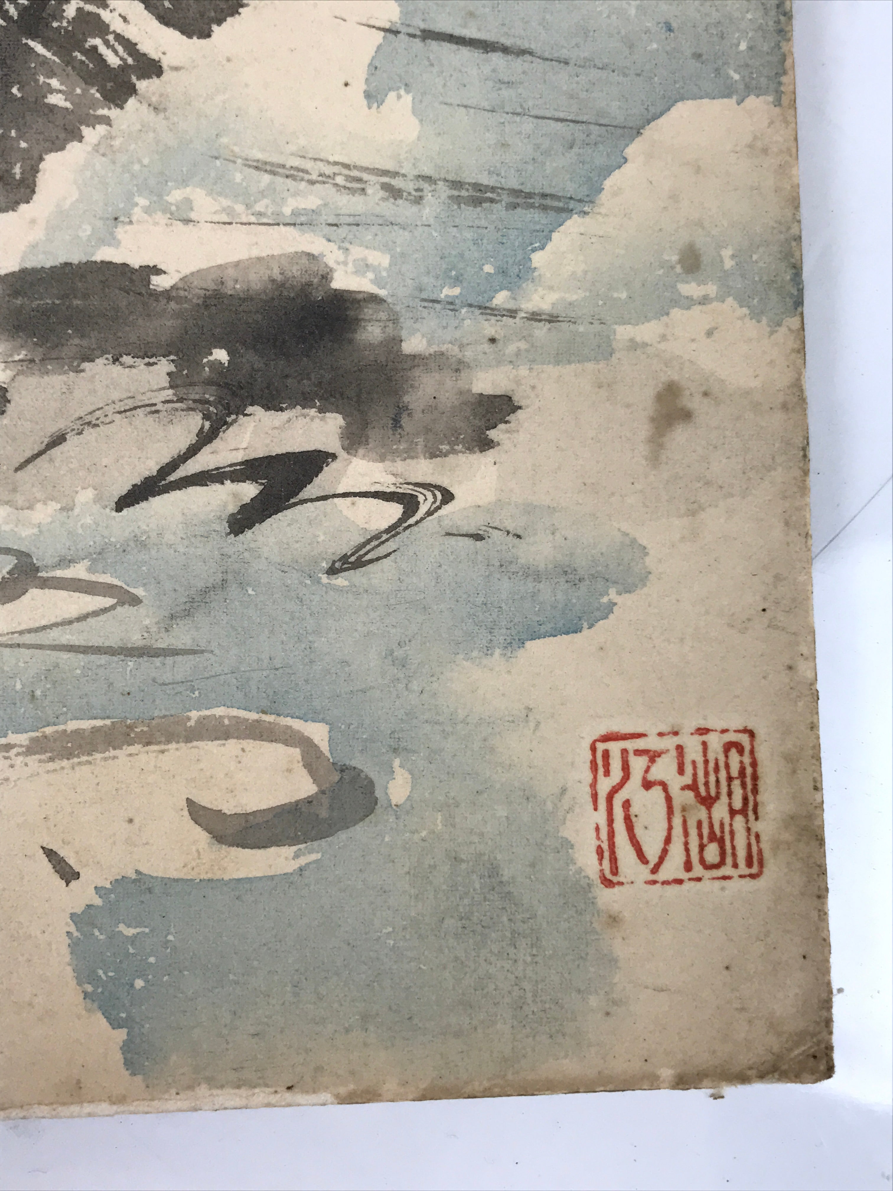 Japanese Shikishi Art Board Painting Vtg Black Bird Cormorant River Stream A686