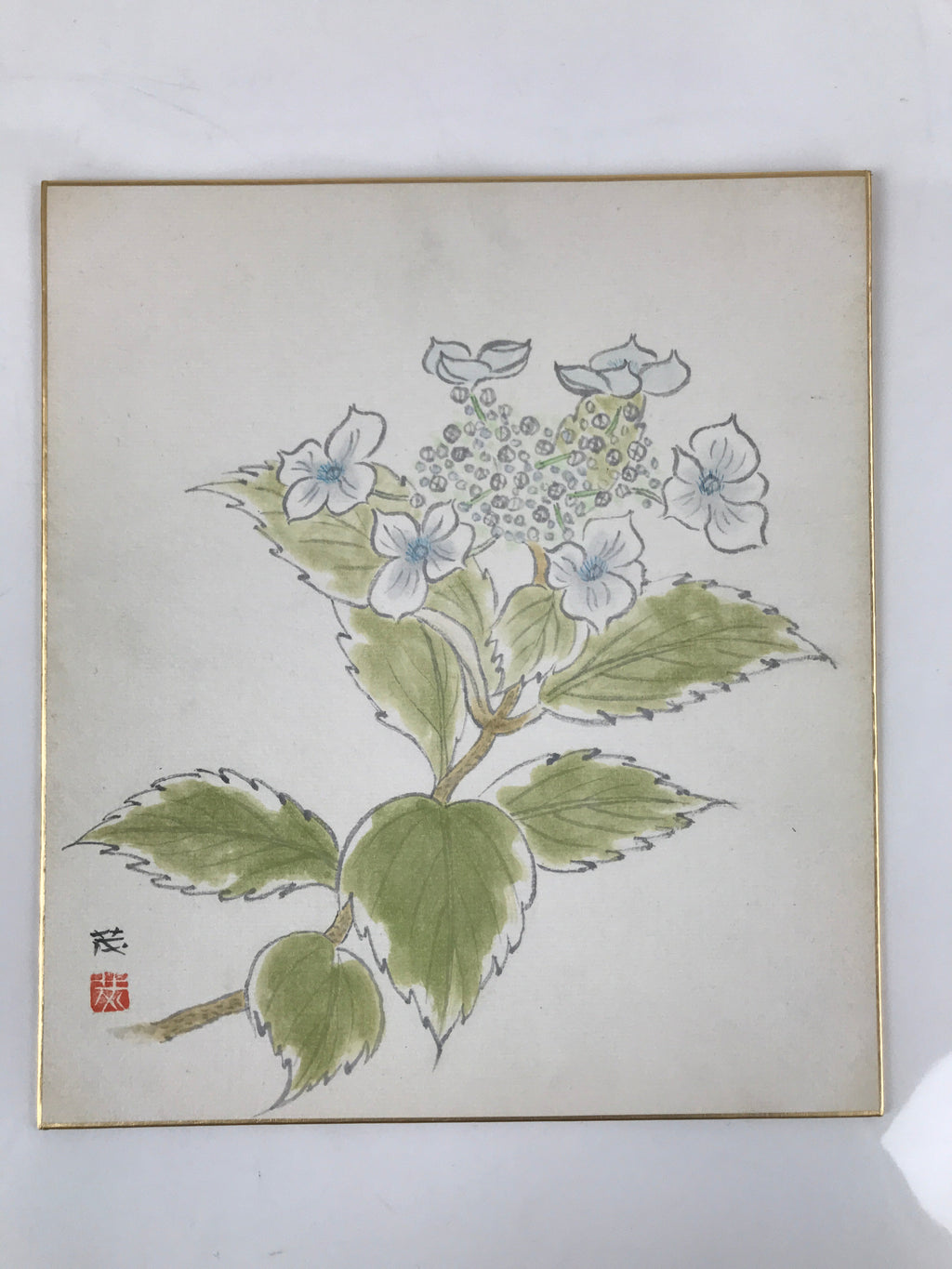 Japanese Shikishi Art Board Painting Vtg Blooming Blue Hydrangea Ajisai A658