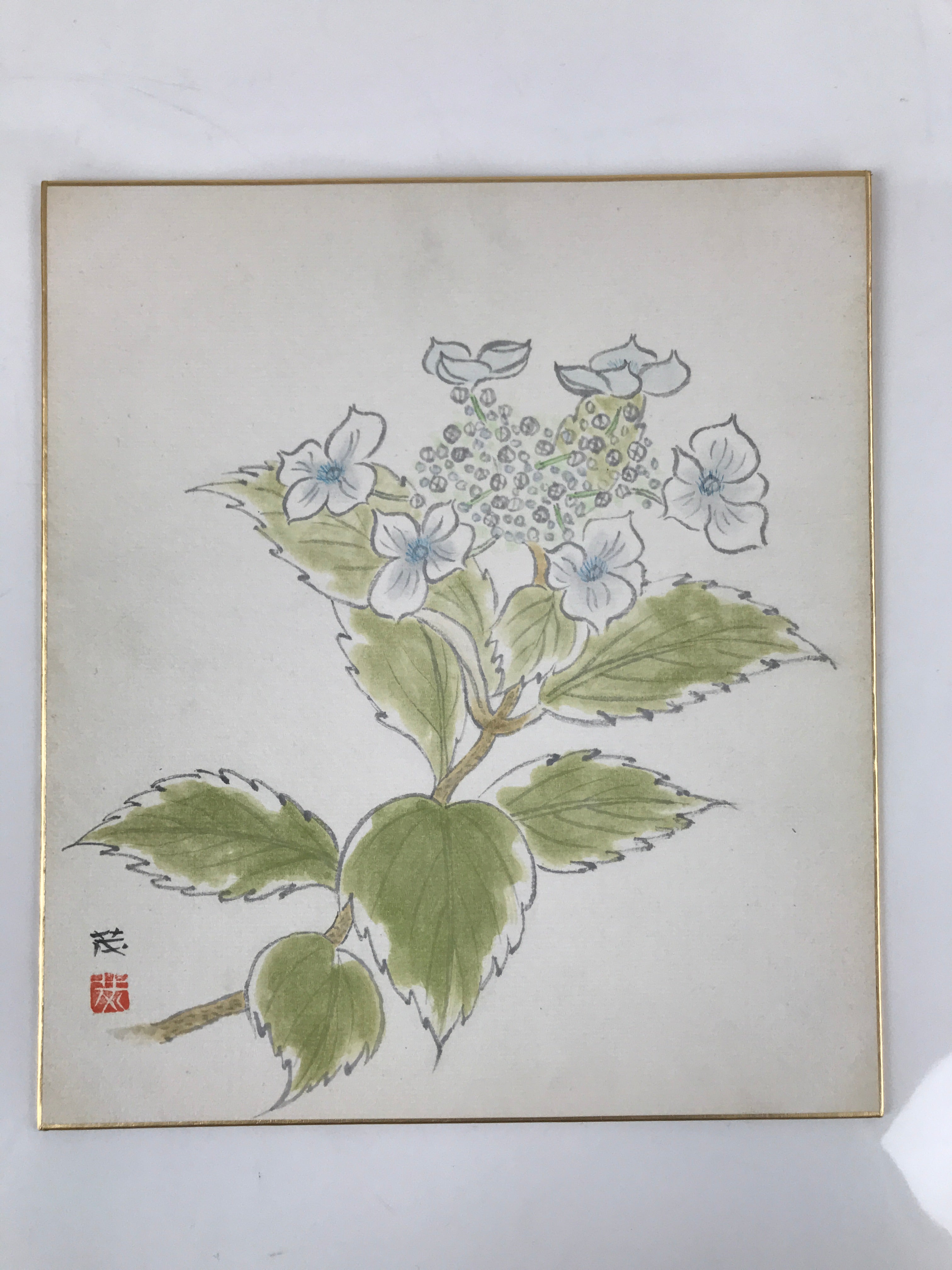 Japanese Shikishi Art Board Painting Vtg Blooming Blue Hydrangea Ajisai A658