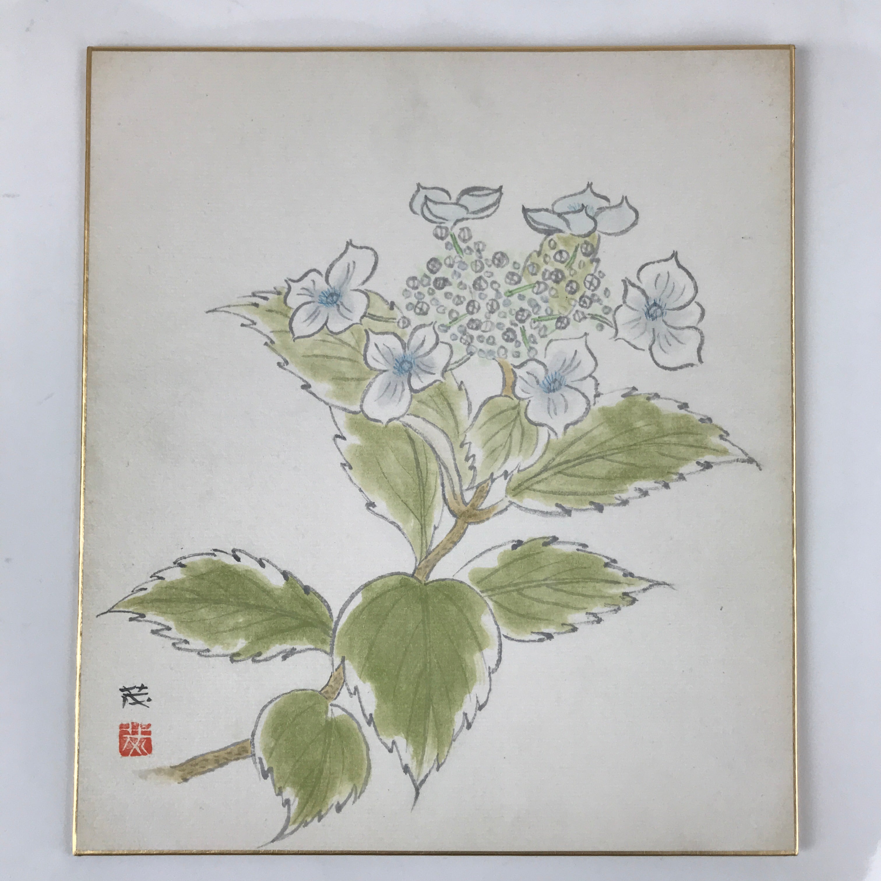 Japanese Shikishi Art Board Painting Vtg Blooming Blue Hydrangea Ajisai A658