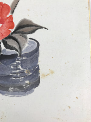 Japanese Shikishi Art Board Painting Vtg Camellia Flower Vase Black Red A684
