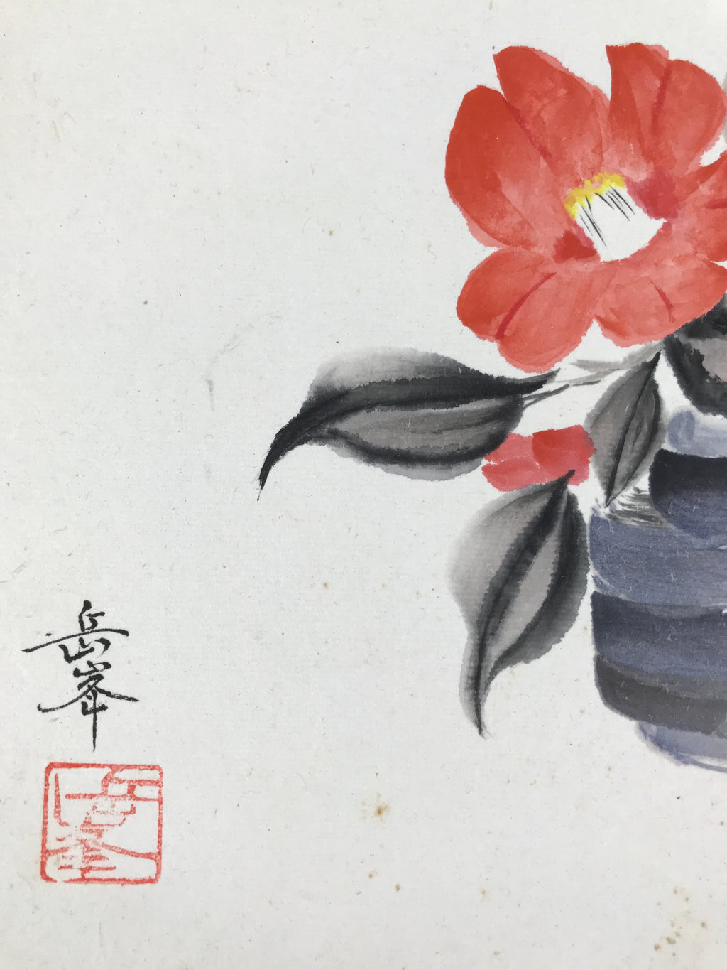 Japanese Shikishi Art Board Painting Vtg Camellia Flower Vase Black Red A684