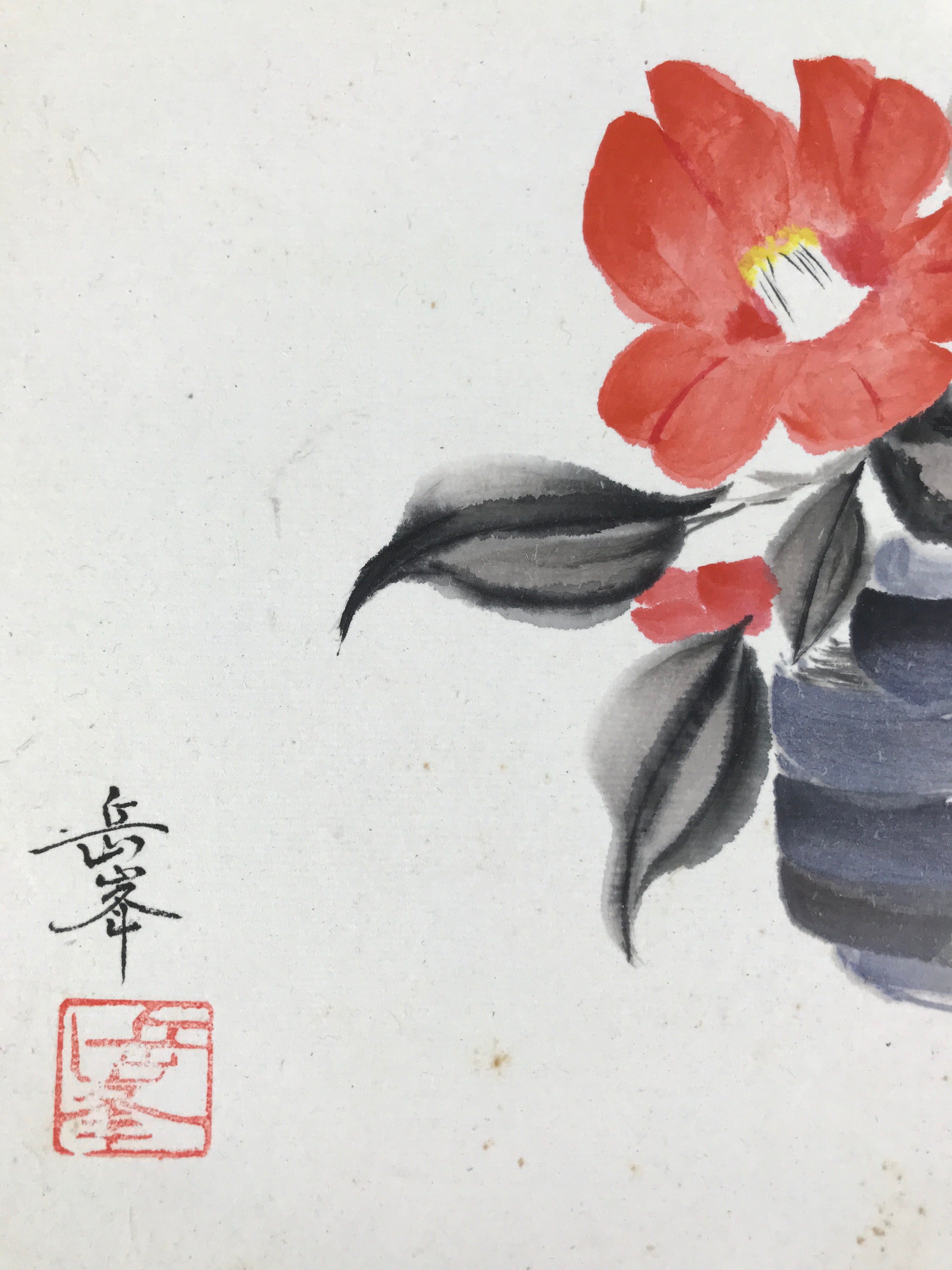 Japanese Shikishi Art Board Painting Vtg Camellia Flower Vase Black Red A684