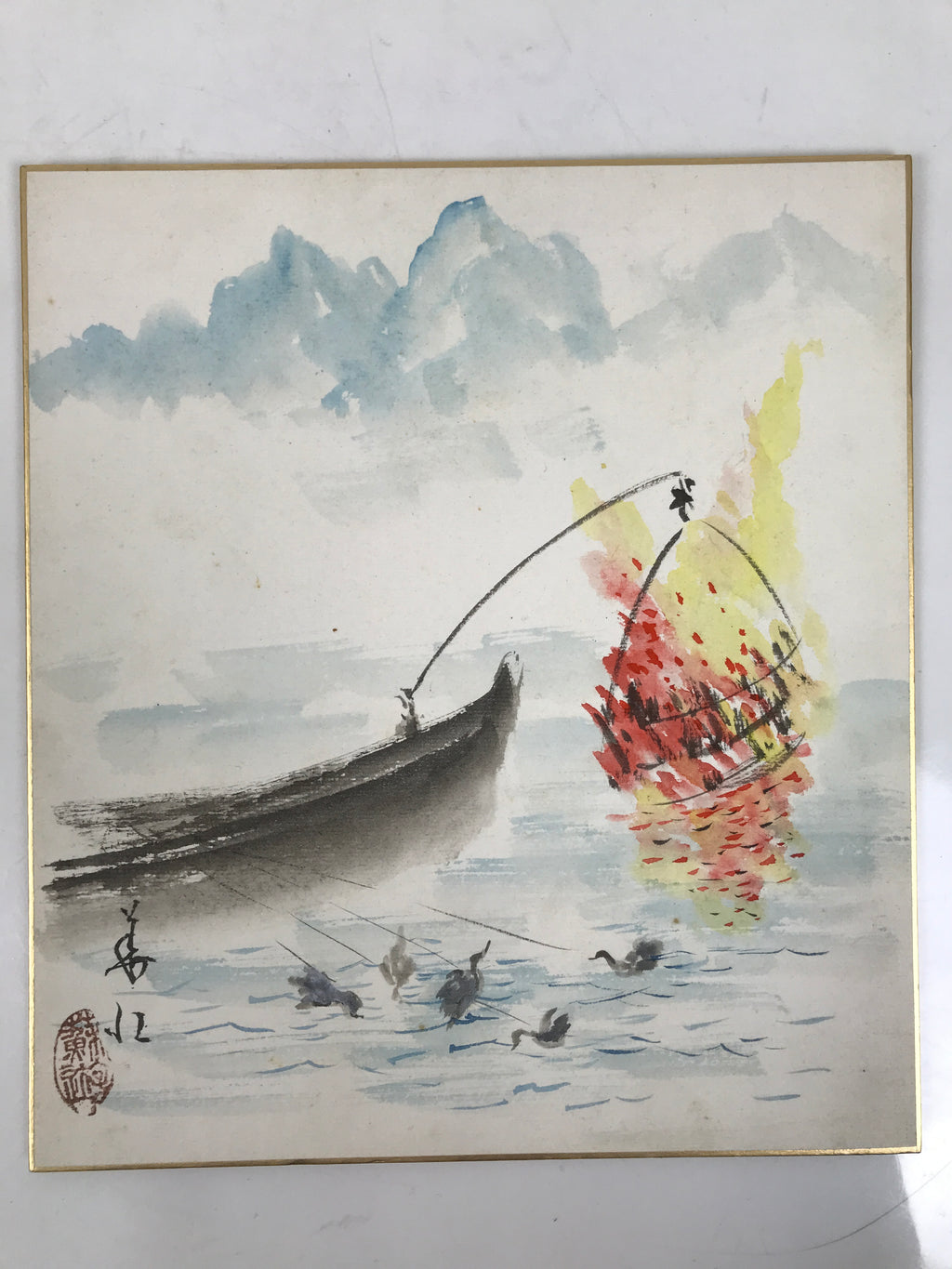 Japanese Shikishi Art Board Painting Vtg Cormorant Fishing Nagaragawa Ukai A725