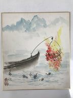 Japanese Shikishi Art Board Painting Vtg Cormorant Fishing Nagaragawa Ukai A725