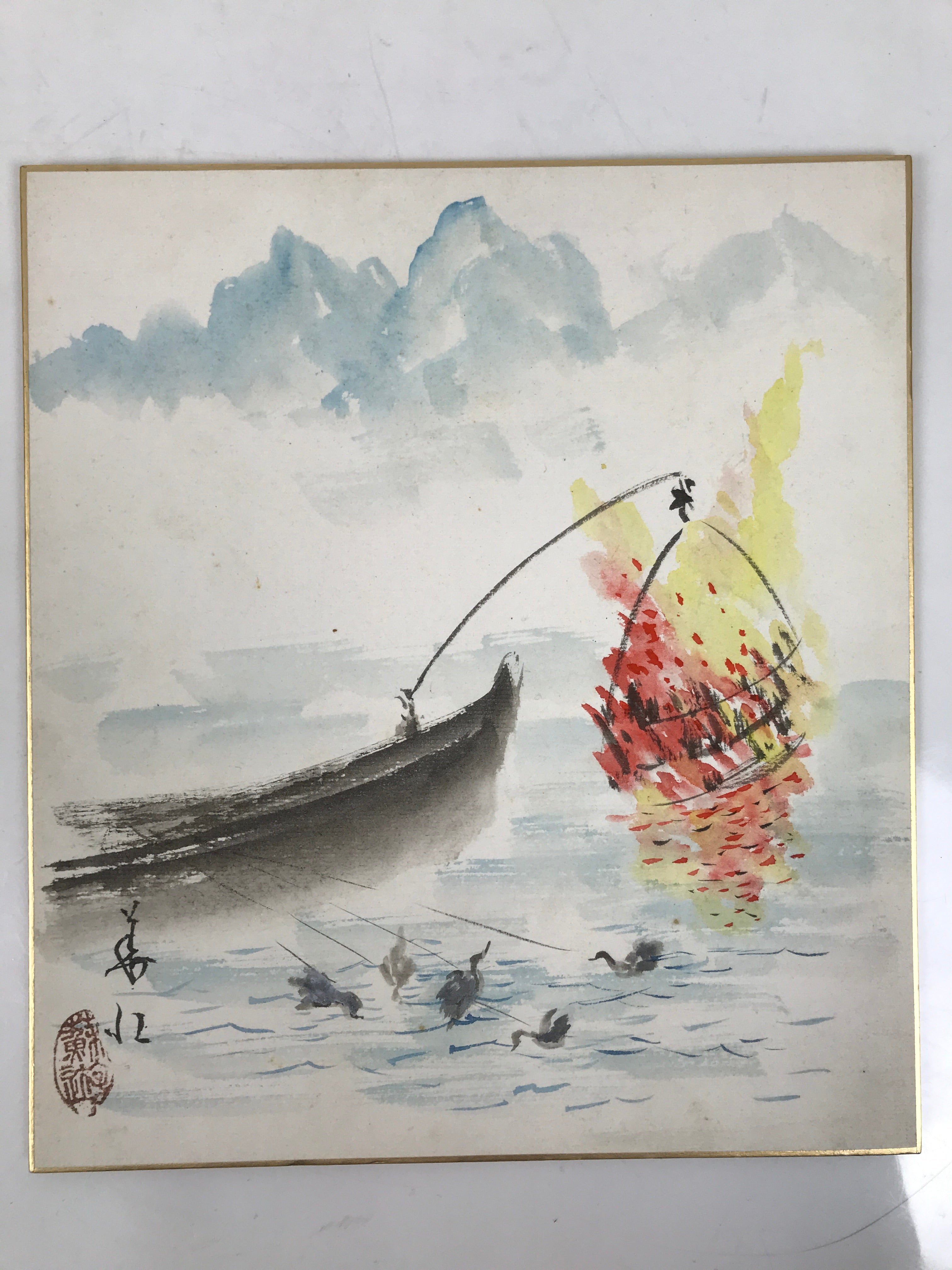 Japanese Shikishi Art Board Painting Vtg Cormorant Fishing Nagaragawa Ukai A725