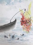 Japanese Shikishi Art Board Painting Vtg Cormorant Fishing Nagaragawa Ukai A725