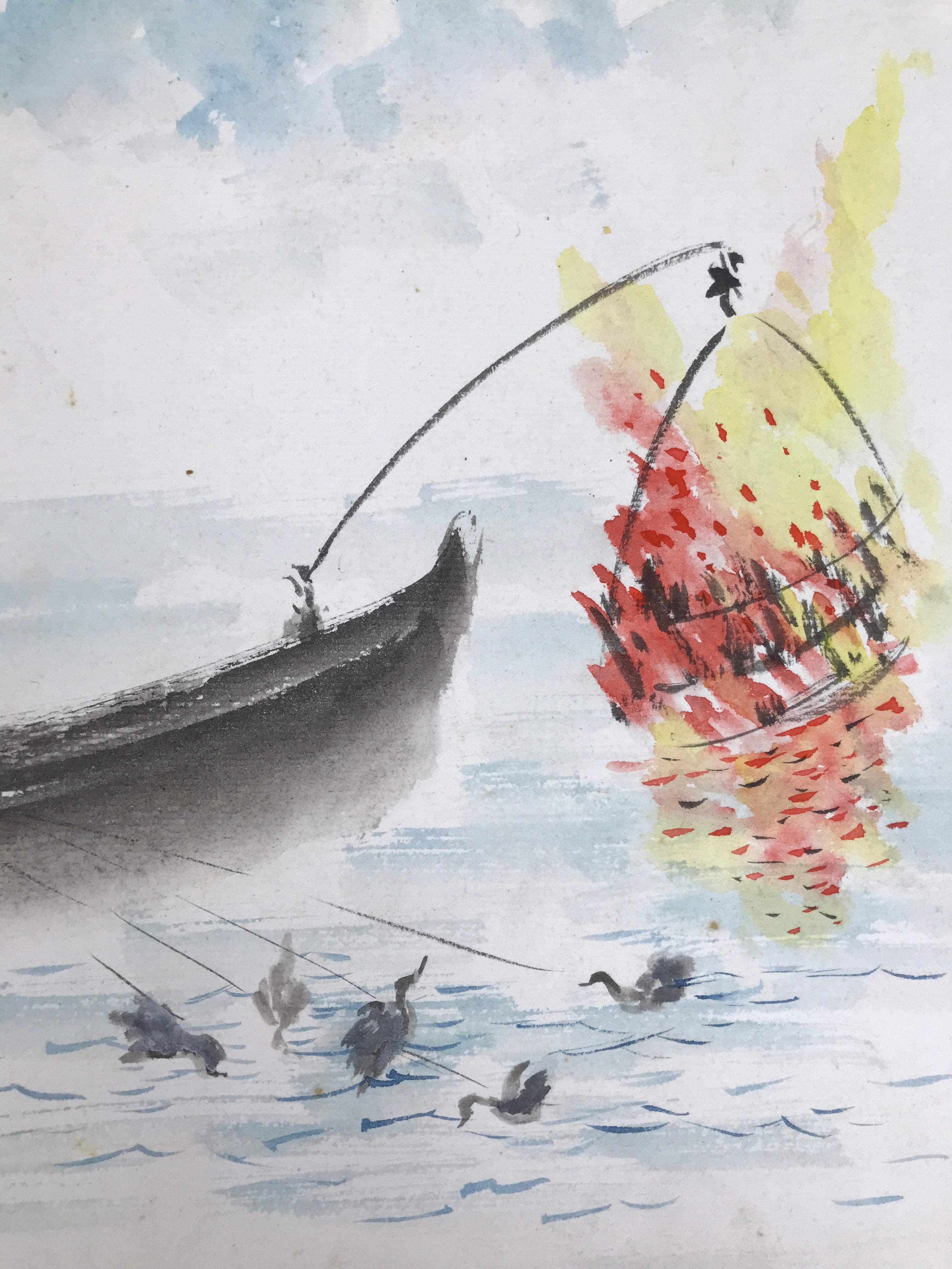 Japanese Shikishi Art Board Painting Vtg Cormorant Fishing Nagaragawa Ukai A725