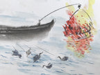 Japanese Shikishi Art Board Painting Vtg Cormorant Fishing Nagaragawa Ukai A725