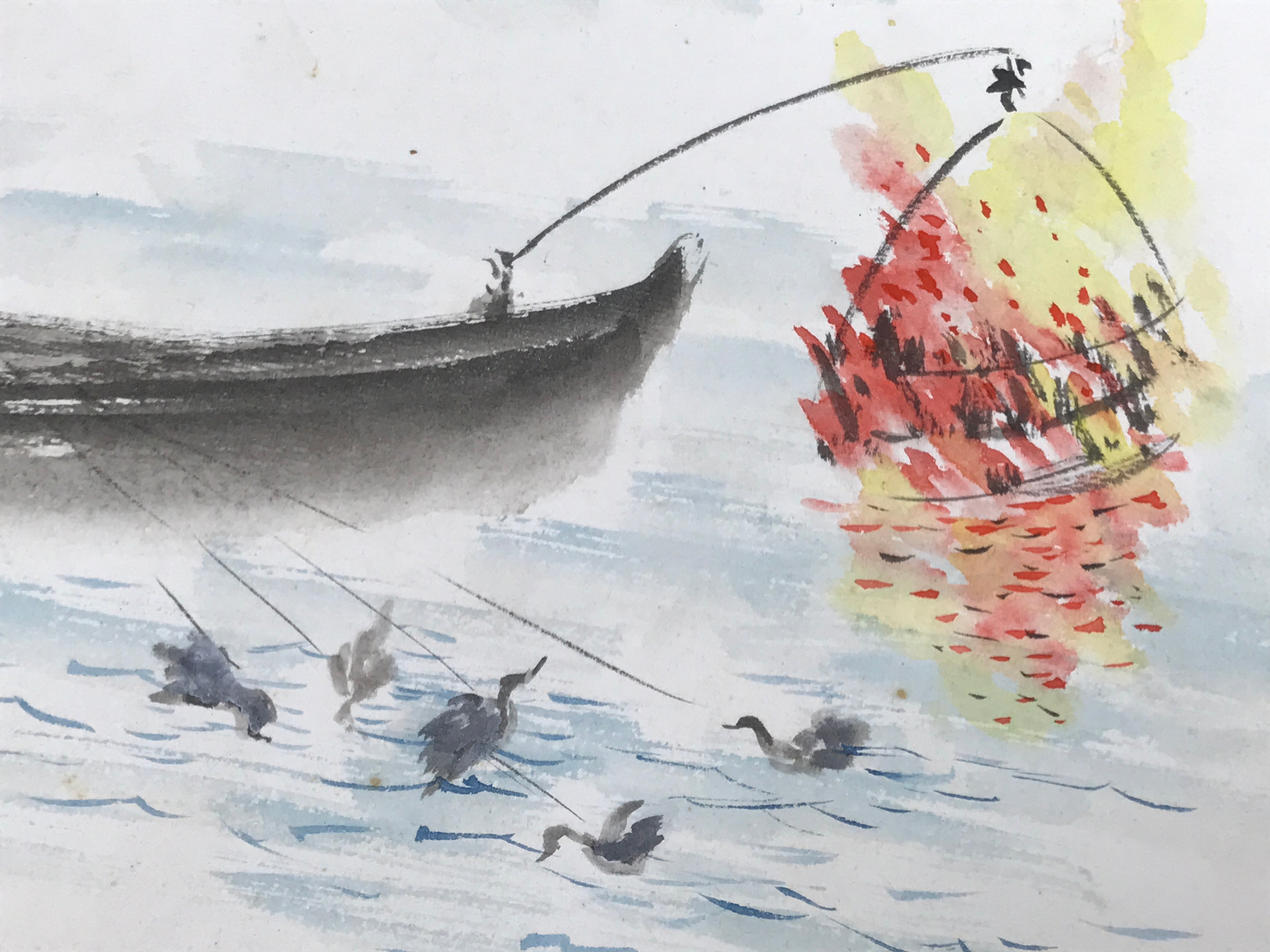 Japanese Shikishi Art Board Painting Vtg Cormorant Fishing Nagaragawa Ukai A725