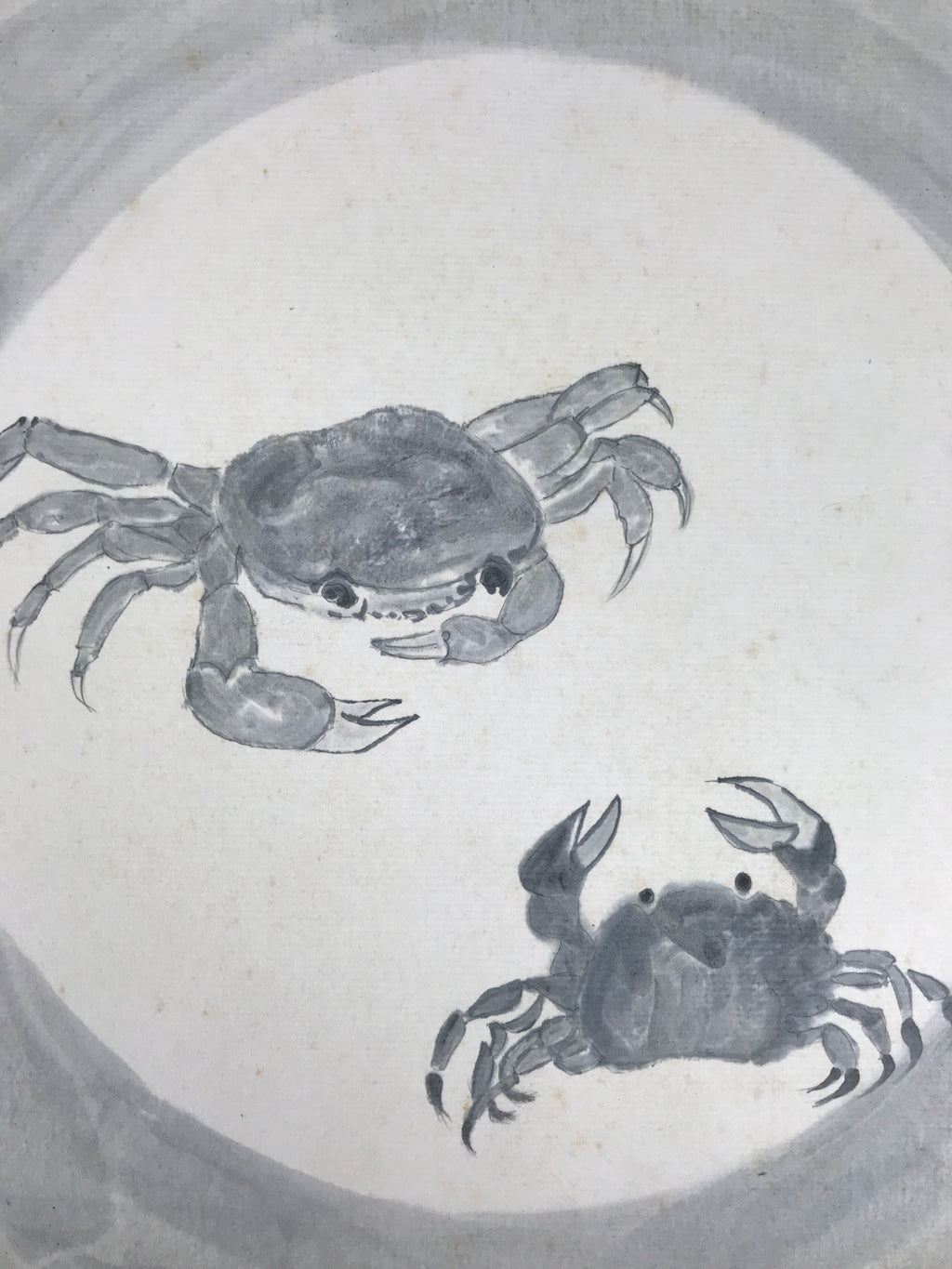 Japanese Shikishi Art Board Painting Vtg Crab Gray White Black Sumie Family A717