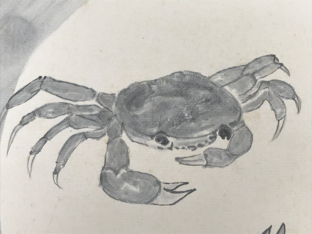 Japanese Shikishi Art Board Painting Vtg Crab Gray White Black Sumie Family A717