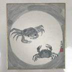 Japanese Shikishi Art Board Painting Vtg Crab Gray White Black Sumie Family A717