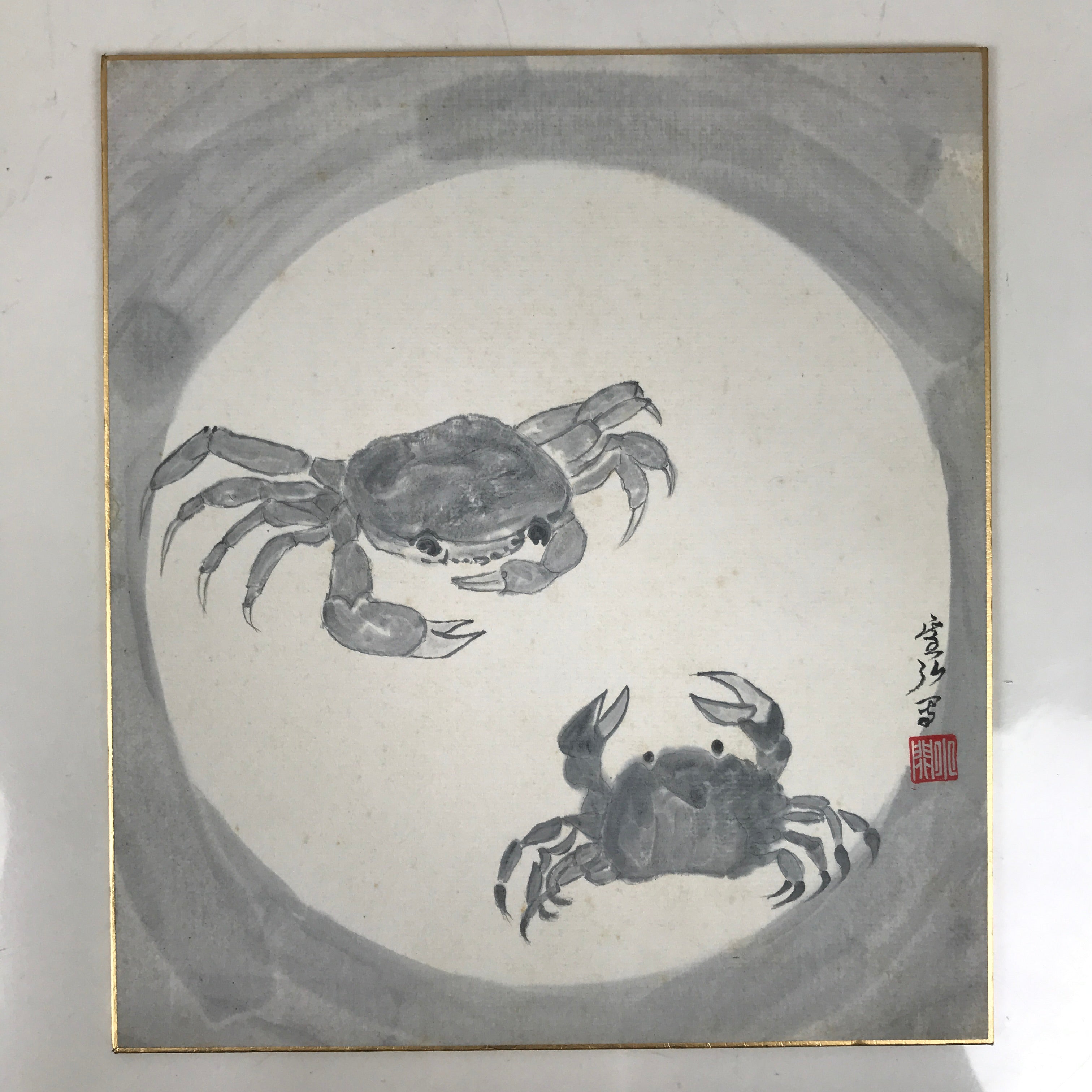 Japanese Shikishi Art Board Painting Vtg Crab Gray White Black Sumie Family A717