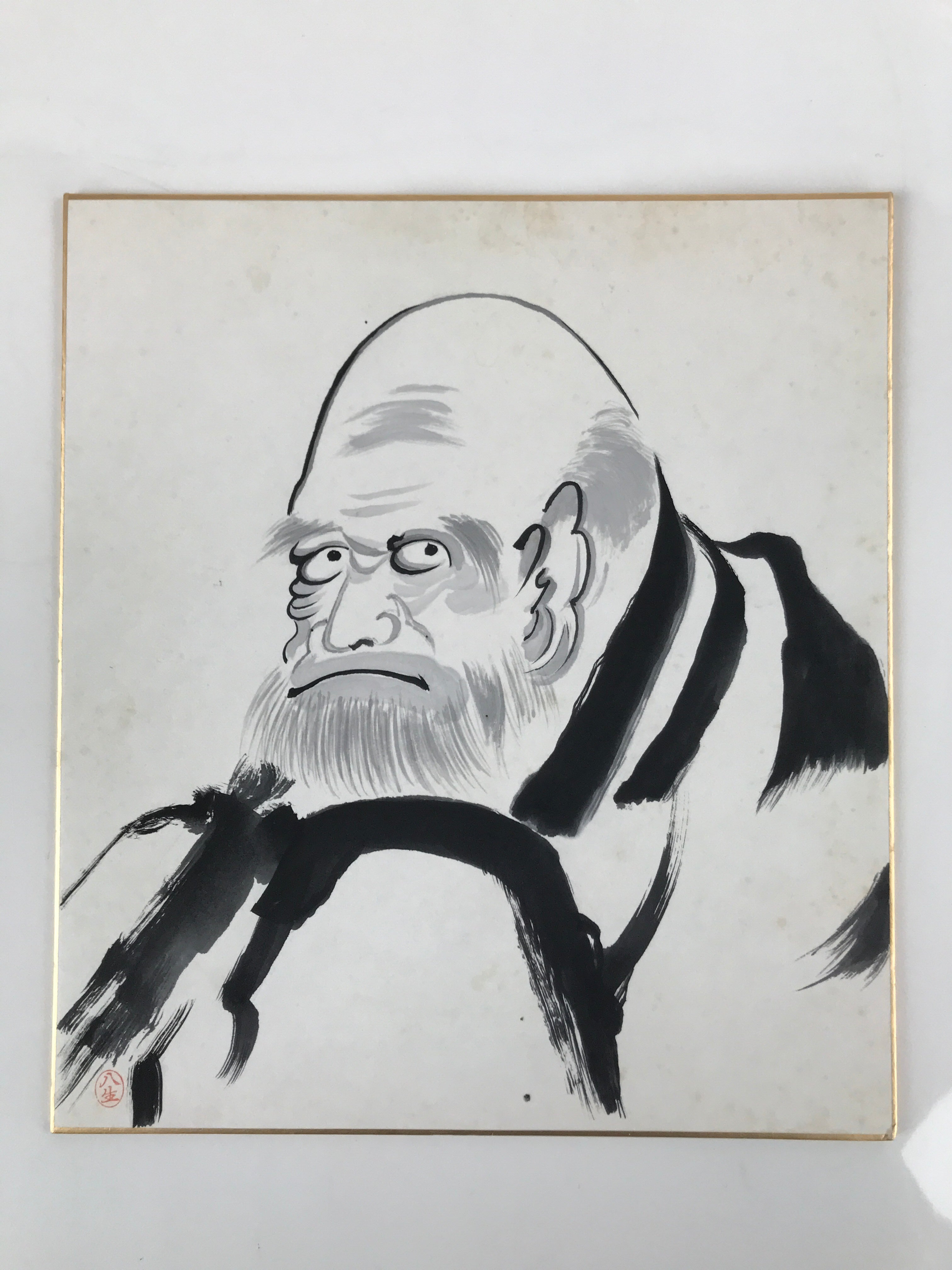 Japanese Shikishi Art Board Painting Vtg Daruma Portrait Buddhist Black A682