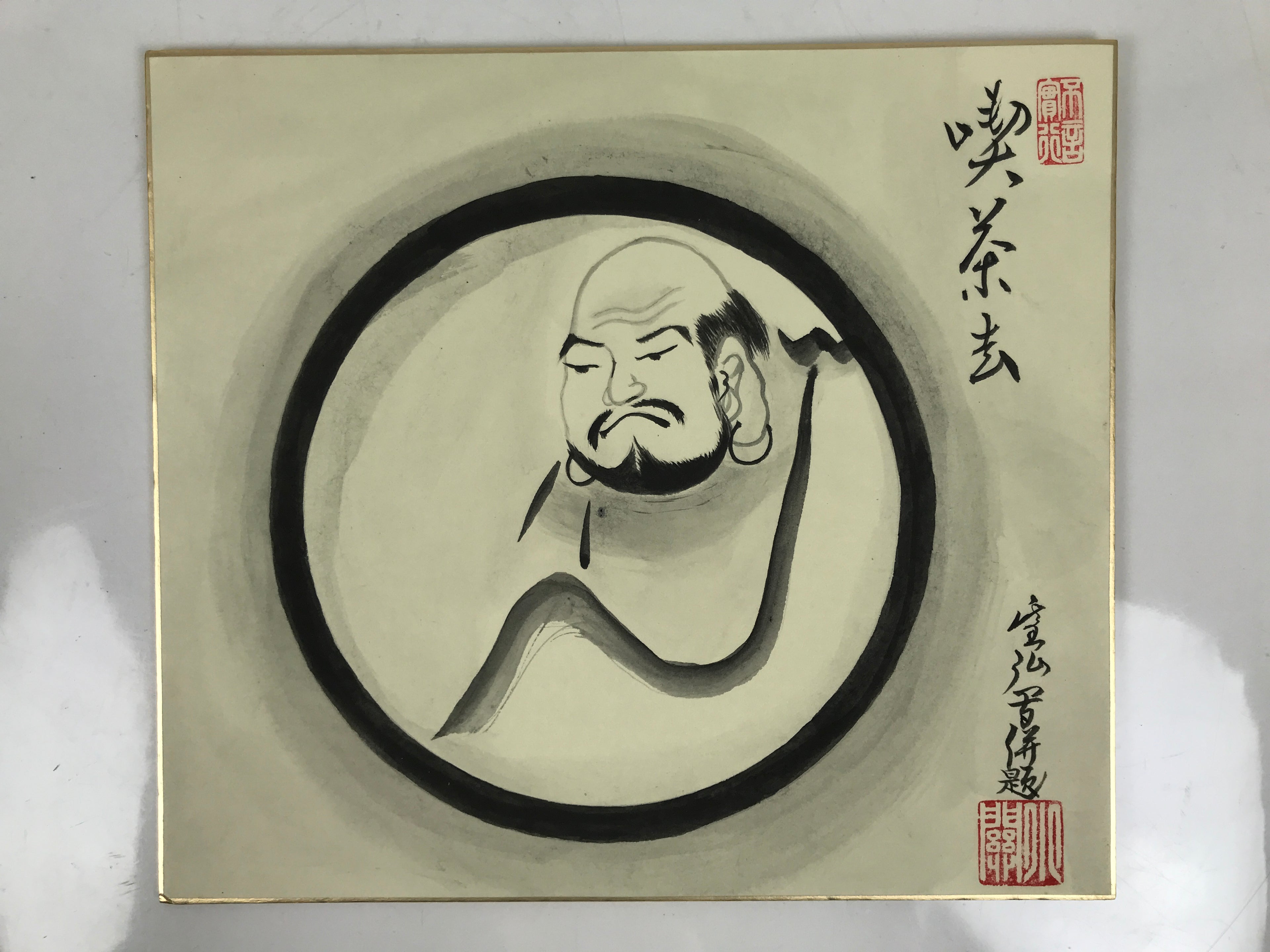 Japanese Shikishi Art Board Painting Vtg Daruma Portrait Zen Buddhist Black A713