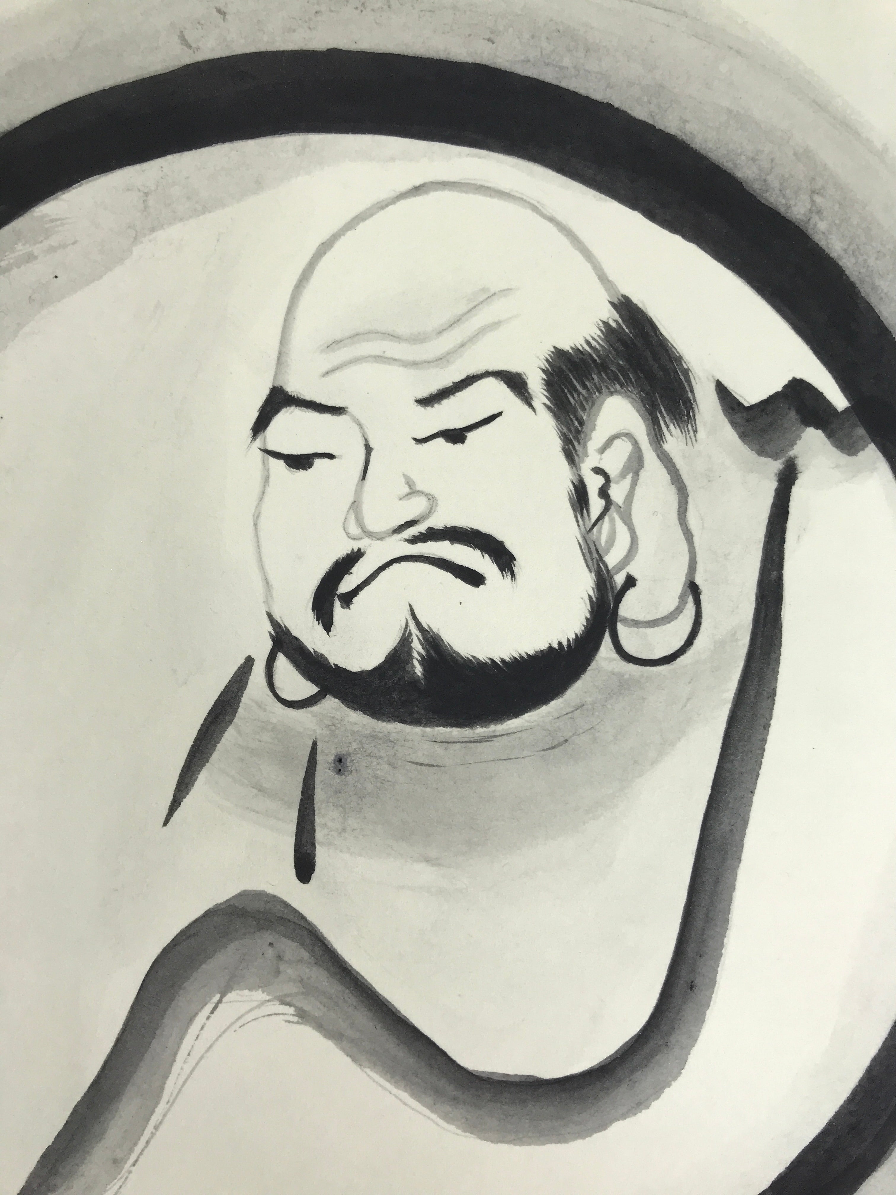 Japanese Shikishi Art Board Painting Vtg Daruma Portrait Zen Buddhist Black A713