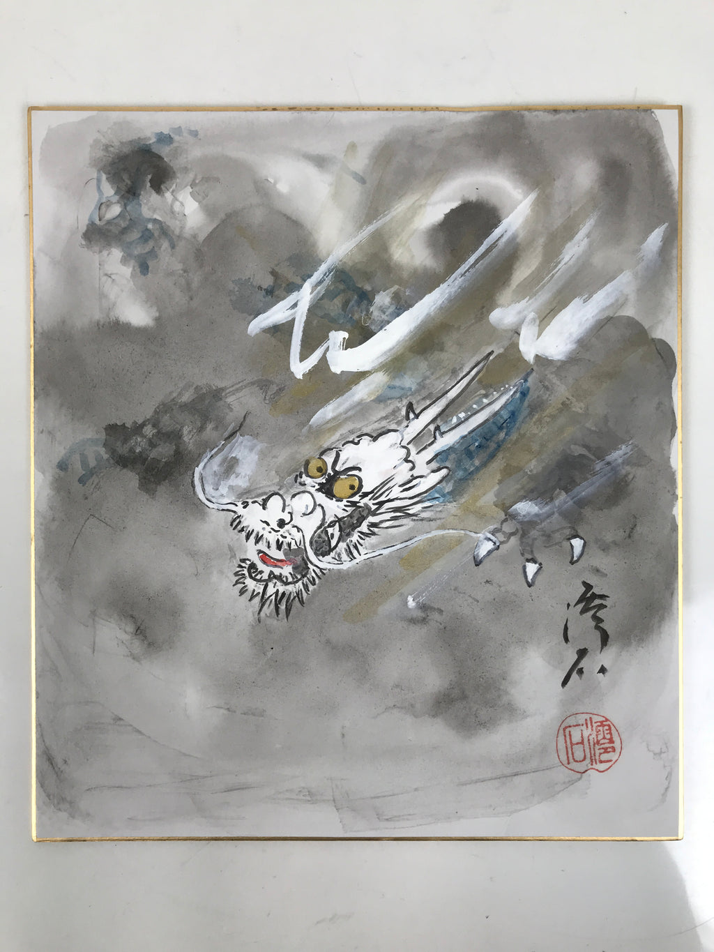 Japanese Shikishi Art Board Painting Vtg Dragon Head Zodiac Cloud Gray A715