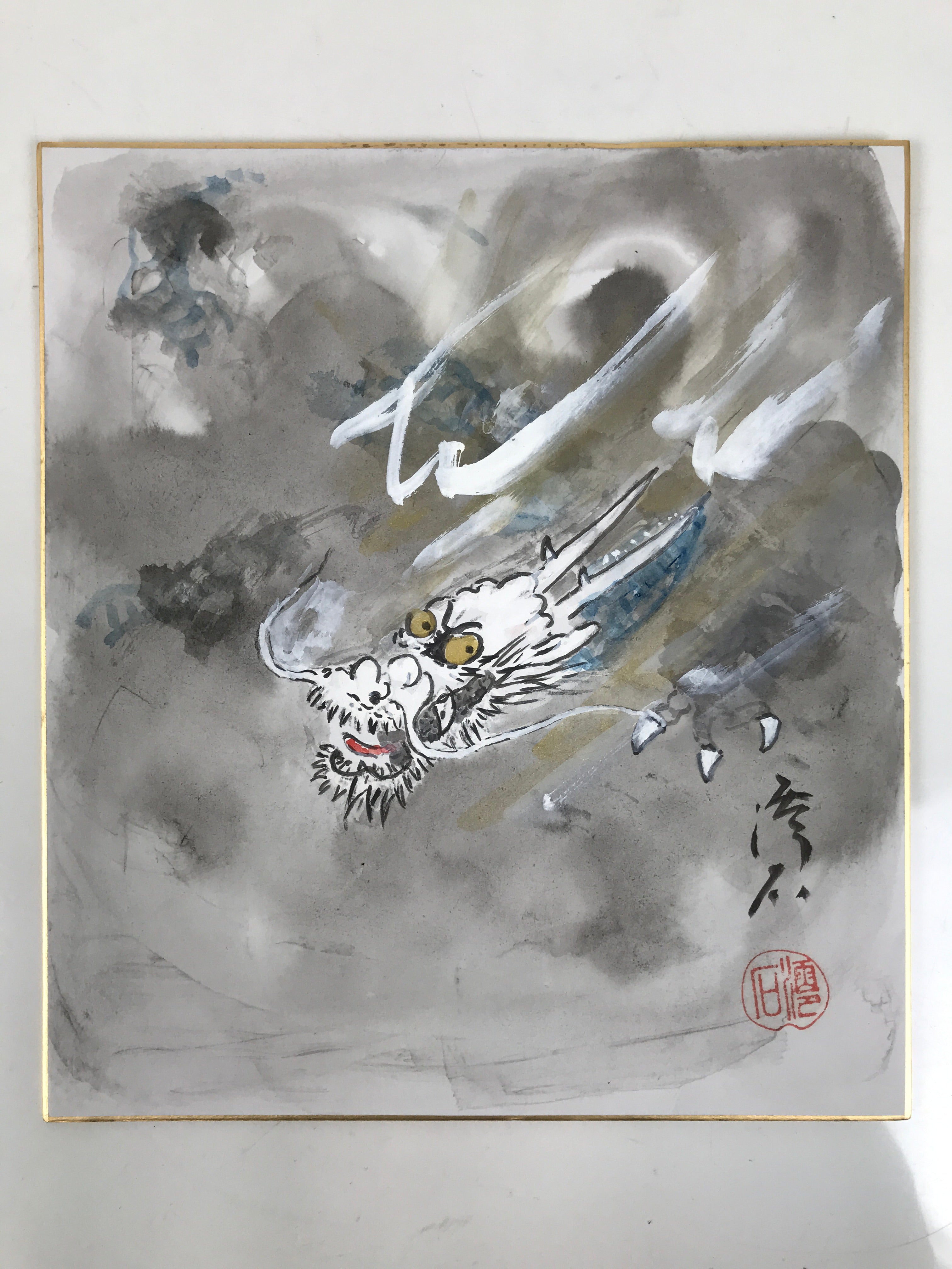 Japanese Shikishi Art Board Painting Vtg Dragon Head Zodiac Cloud Gray A715