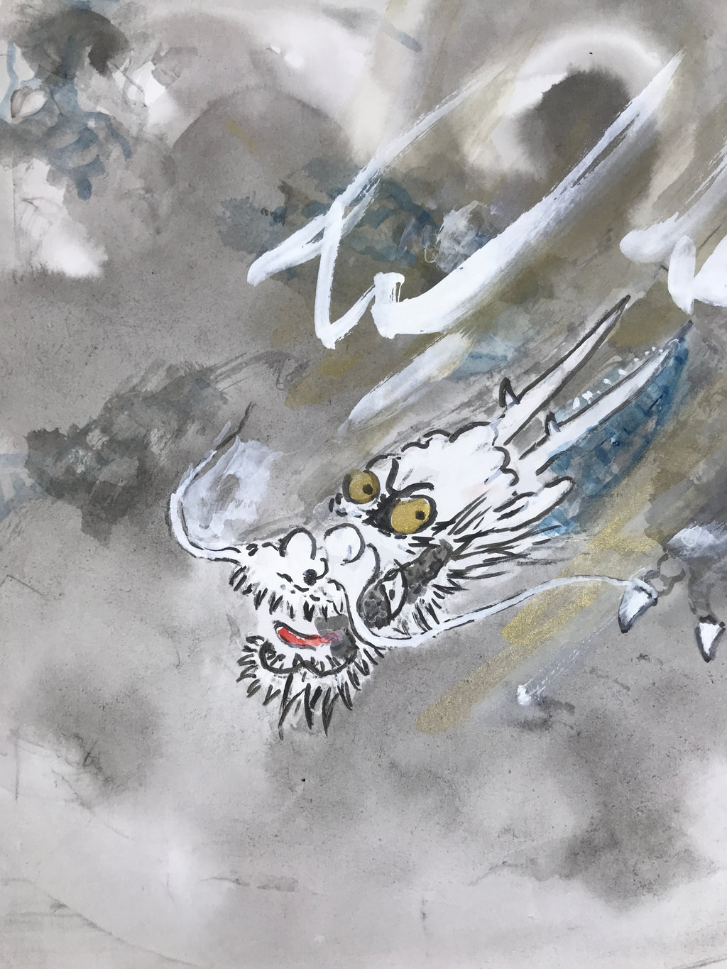 Japanese Shikishi Art Board Painting Vtg Dragon Head Zodiac Cloud Gray A715