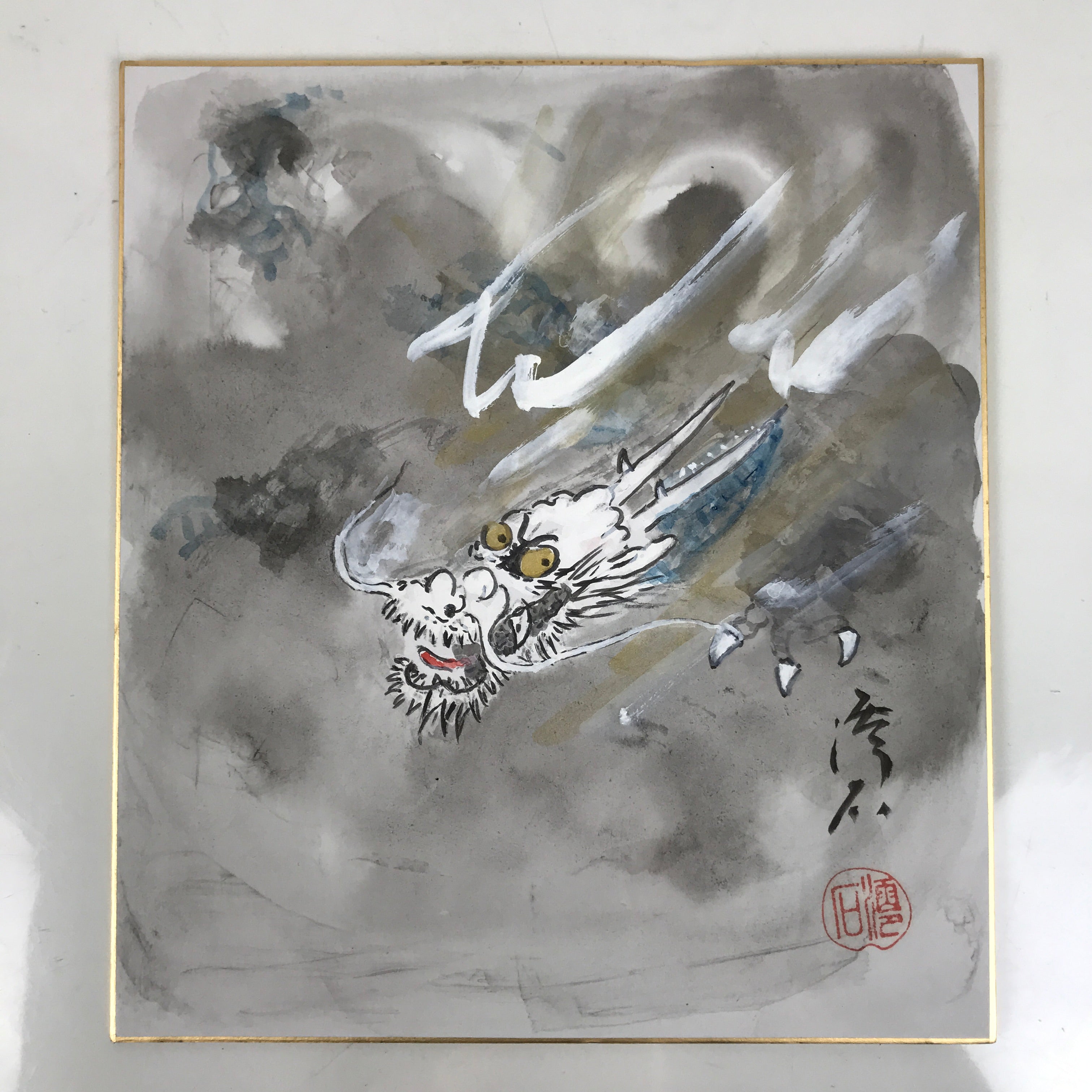 Japanese Shikishi Art Board Painting Vtg Dragon Head Zodiac Cloud Gray A715