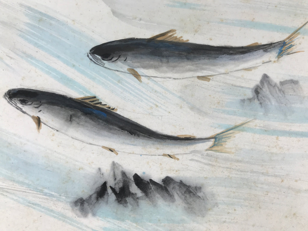 Japanese Shikishi Art Board Painting Vtg Fish Sweetfish Ayu River Stream A723